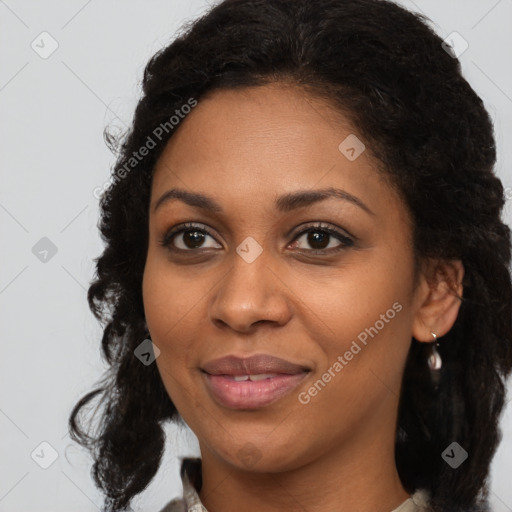 Joyful black young-adult female with medium  black hair and brown eyes