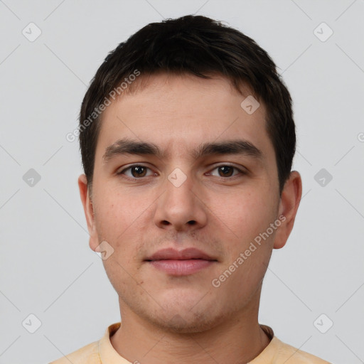 Neutral white young-adult male with short  brown hair and brown eyes