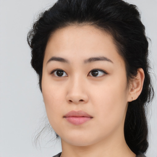 Neutral asian young-adult female with medium  black hair and brown eyes