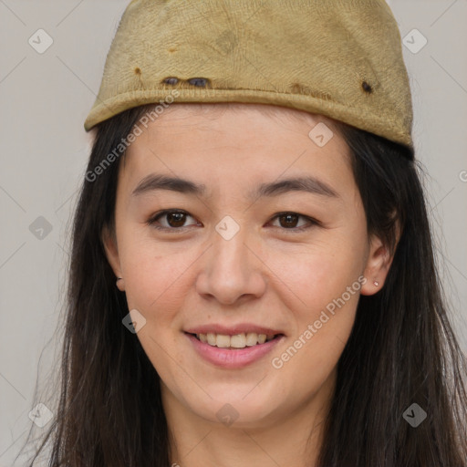 Joyful asian young-adult female with long  brown hair and brown eyes