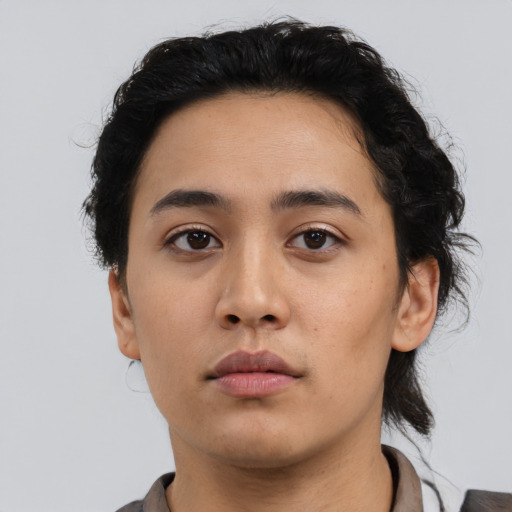 Neutral asian young-adult female with short  black hair and brown eyes
