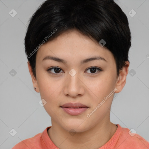 Joyful asian young-adult female with short  brown hair and brown eyes