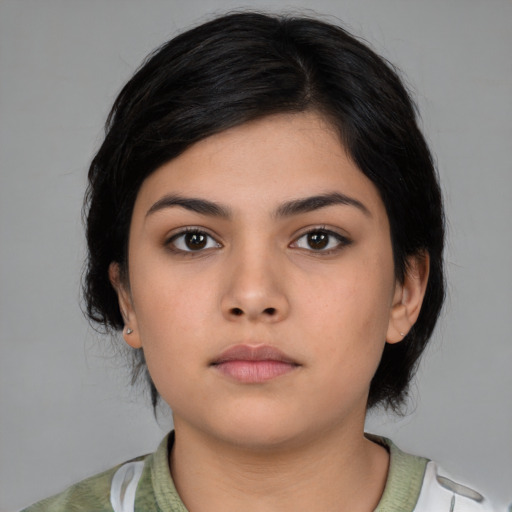 Neutral asian young-adult female with medium  black hair and brown eyes