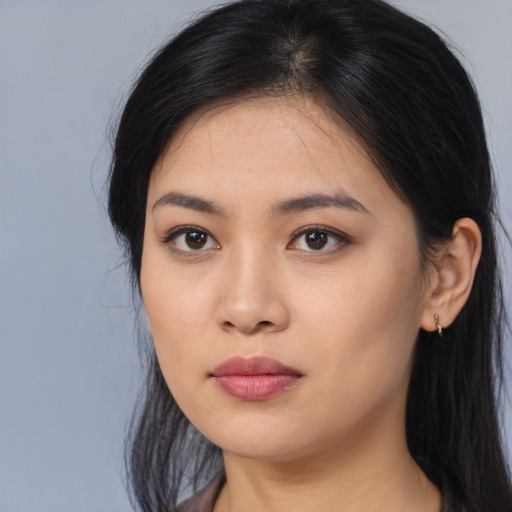 Neutral asian young-adult female with long  black hair and brown eyes