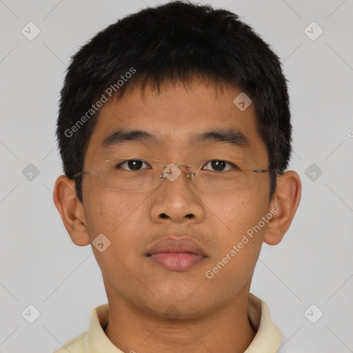 Neutral asian young-adult male with short  brown hair and brown eyes