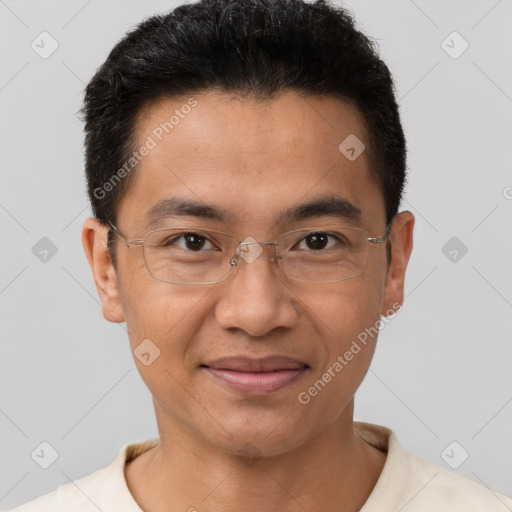 Joyful latino young-adult male with short  brown hair and brown eyes