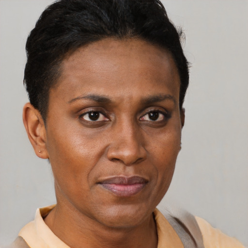 Joyful black young-adult female with short  brown hair and brown eyes