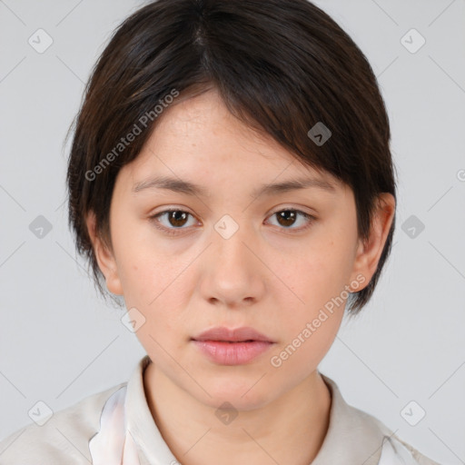 Neutral white young-adult female with medium  brown hair and brown eyes