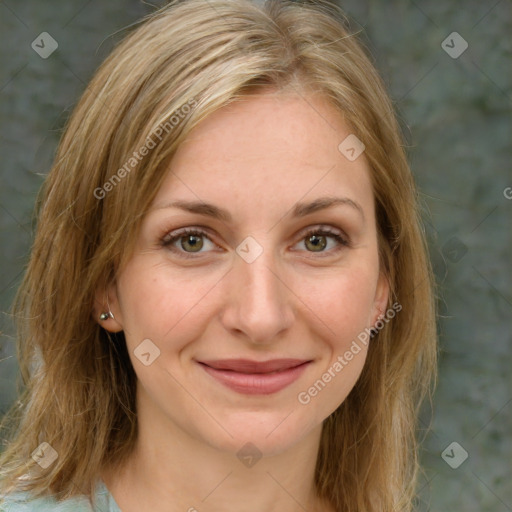 Joyful white young-adult female with medium  brown hair and green eyes