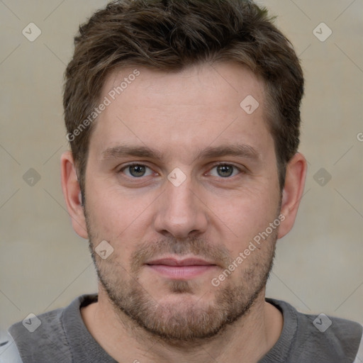 Neutral white young-adult male with short  brown hair and grey eyes