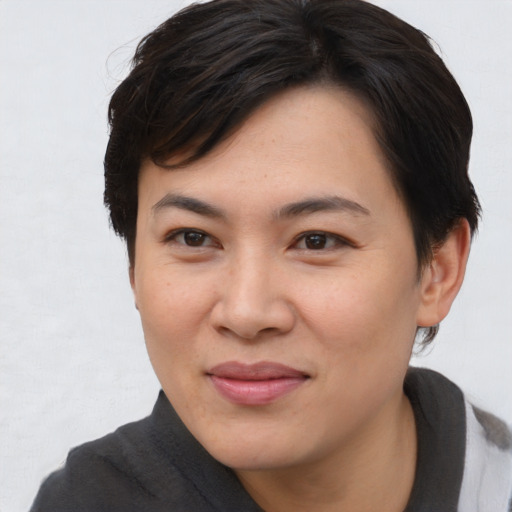 Joyful asian young-adult female with short  brown hair and brown eyes
