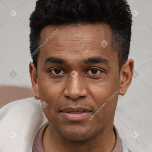 Joyful latino young-adult male with short  brown hair and brown eyes