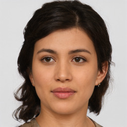 Neutral asian young-adult female with medium  brown hair and brown eyes