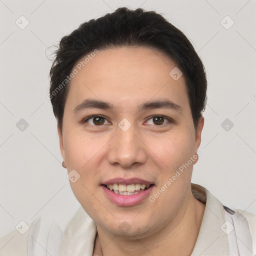 Joyful white young-adult male with short  black hair and brown eyes