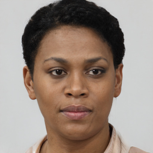 Neutral black young-adult female with short  brown hair and brown eyes