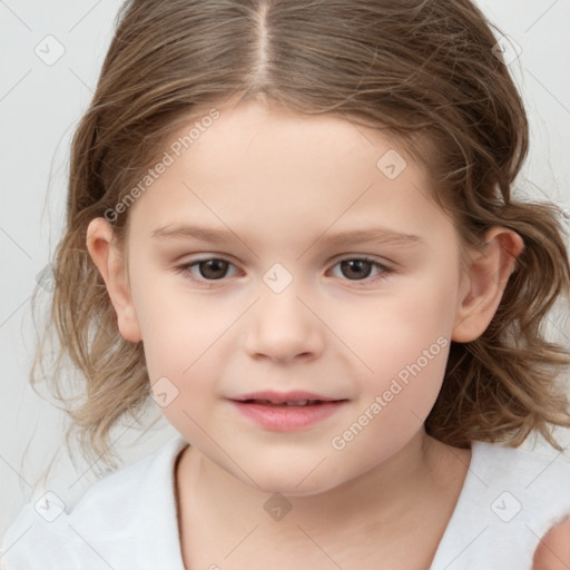 Joyful white child female with medium  brown hair and brown eyes