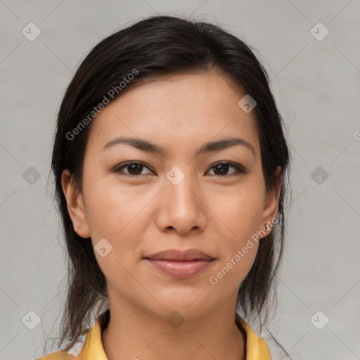 Joyful latino young-adult female with medium  brown hair and brown eyes