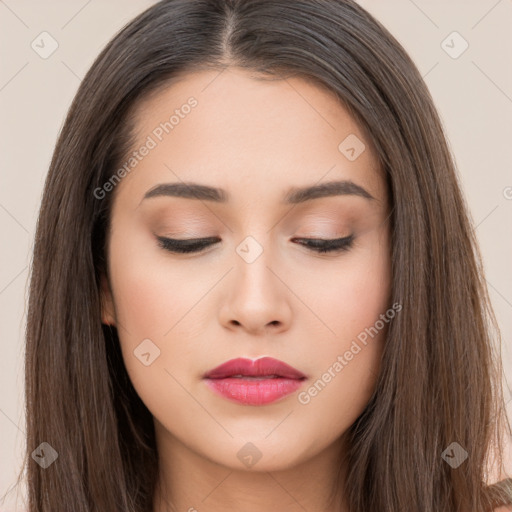 Neutral asian young-adult female with long  brown hair and brown eyes