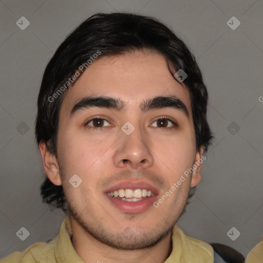 Joyful white young-adult male with medium  brown hair and brown eyes