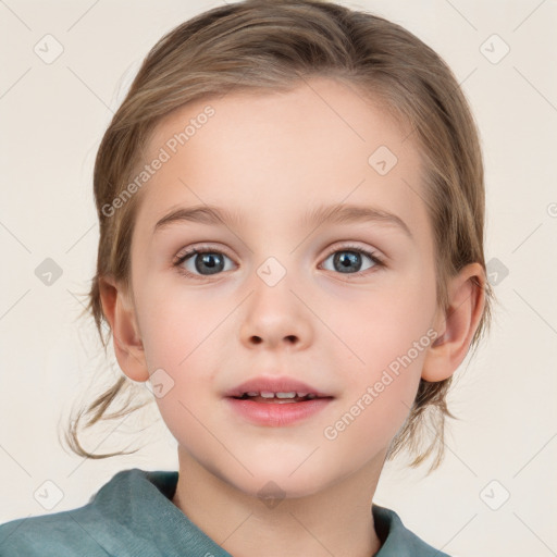 Neutral white child female with medium  brown hair and blue eyes