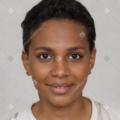 Joyful black young-adult female with short  brown hair and brown eyes