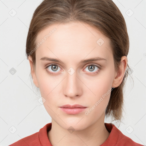 Neutral white young-adult female with medium  brown hair and grey eyes