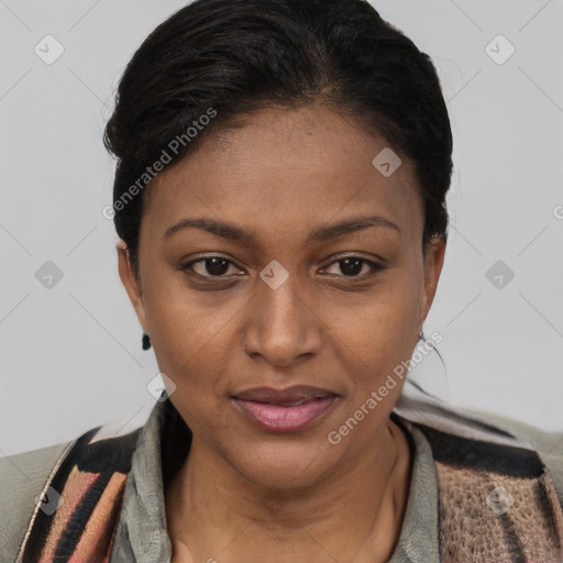 Joyful latino young-adult female with short  black hair and brown eyes