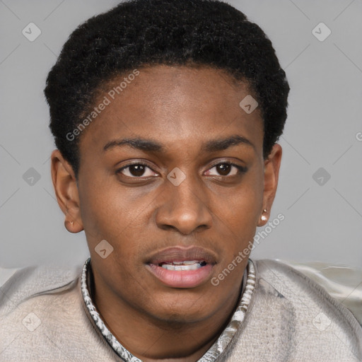 Joyful black young-adult male with short  black hair and brown eyes