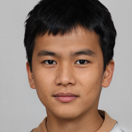 Neutral asian young-adult male with short  black hair and brown eyes