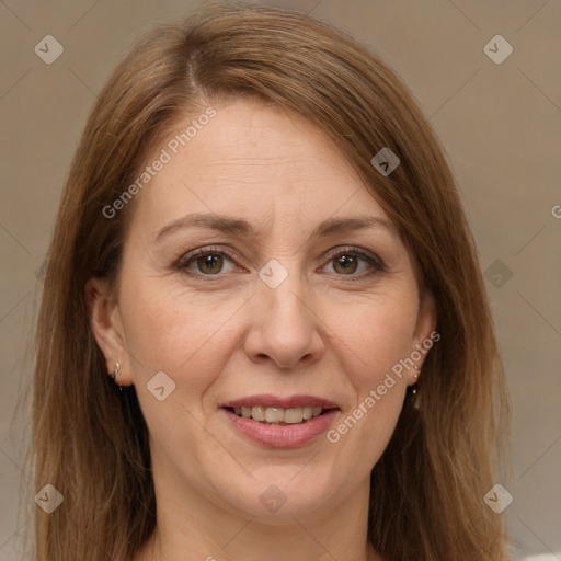 Joyful white adult female with medium  brown hair and brown eyes