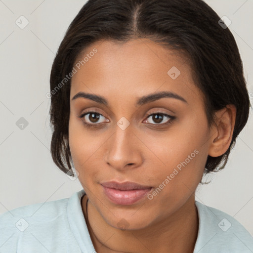 Neutral white young-adult female with medium  brown hair and brown eyes