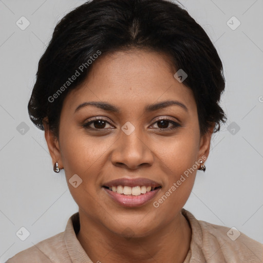Joyful latino young-adult female with short  brown hair and brown eyes