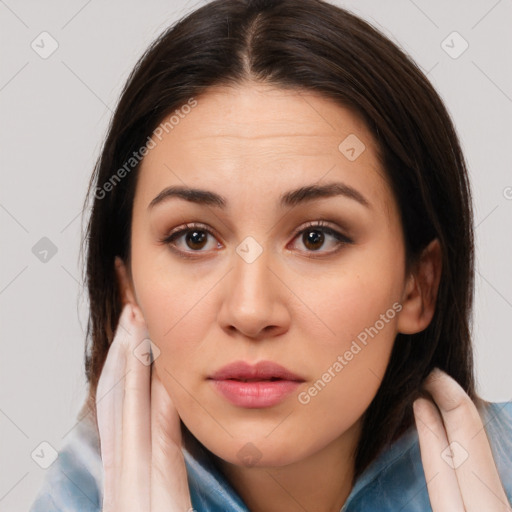 Neutral white young-adult female with medium  brown hair and brown eyes