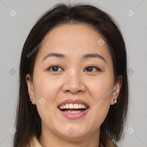 Joyful white young-adult female with medium  brown hair and brown eyes