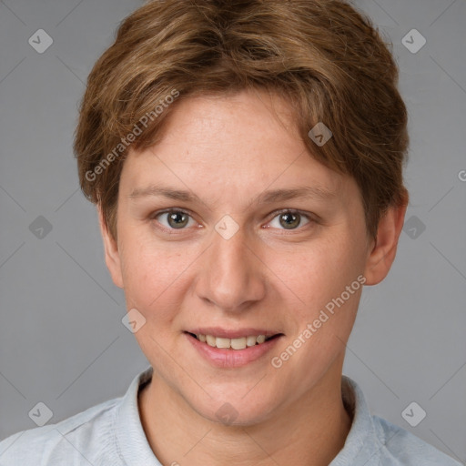 Joyful white young-adult female with short  brown hair and grey eyes