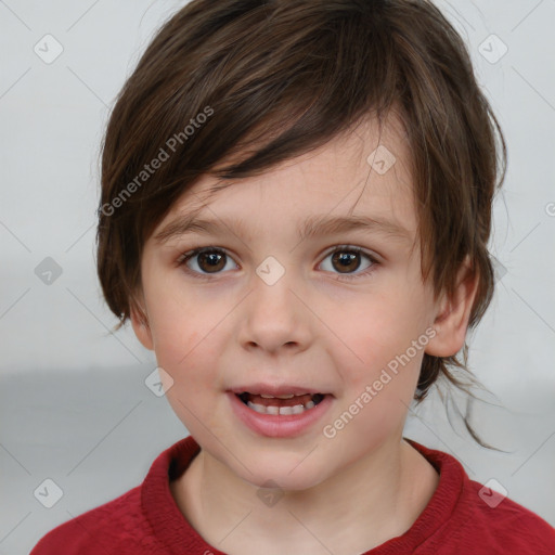 Joyful white child female with medium  brown hair and brown eyes