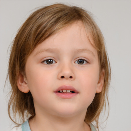 Neutral white child female with medium  brown hair and blue eyes