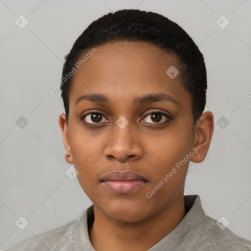 Neutral black young-adult female with short  black hair and brown eyes