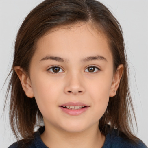 Joyful white child female with medium  brown hair and brown eyes