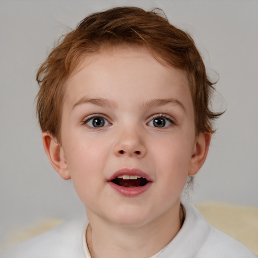 Joyful white child female with short  brown hair and brown eyes