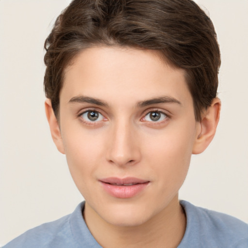 Neutral white young-adult female with short  brown hair and brown eyes