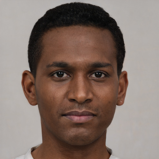 Neutral black young-adult male with short  black hair and brown eyes