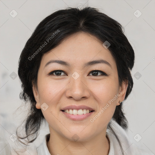 Joyful asian young-adult female with medium  brown hair and brown eyes