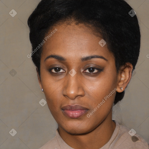 Neutral black young-adult female with short  black hair and brown eyes
