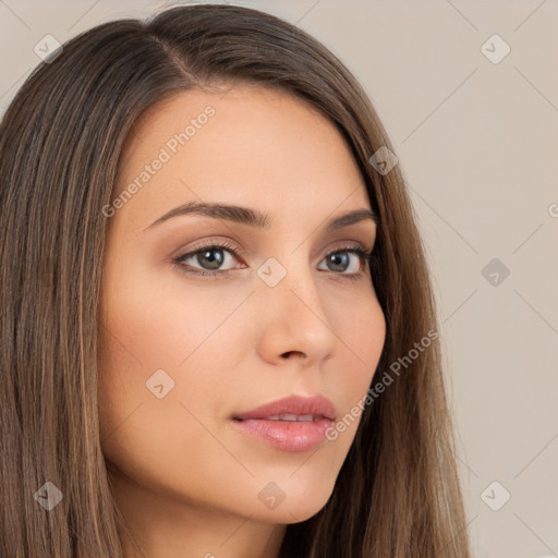 Neutral white young-adult female with long  brown hair and brown eyes