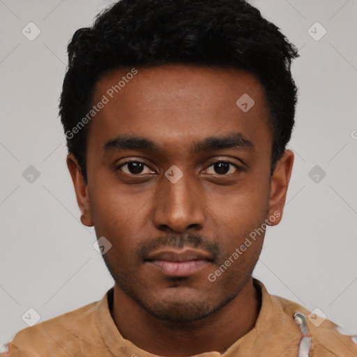 Neutral black young-adult male with short  black hair and brown eyes