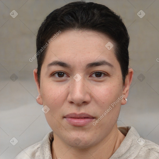 Joyful asian young-adult female with short  brown hair and brown eyes