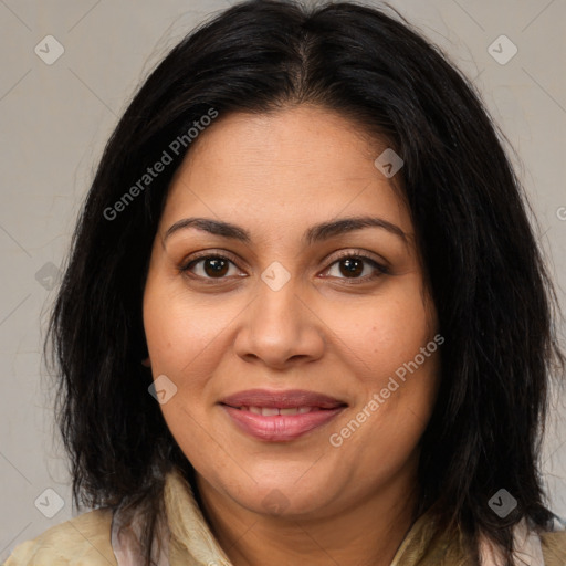 Joyful latino young-adult female with medium  brown hair and brown eyes