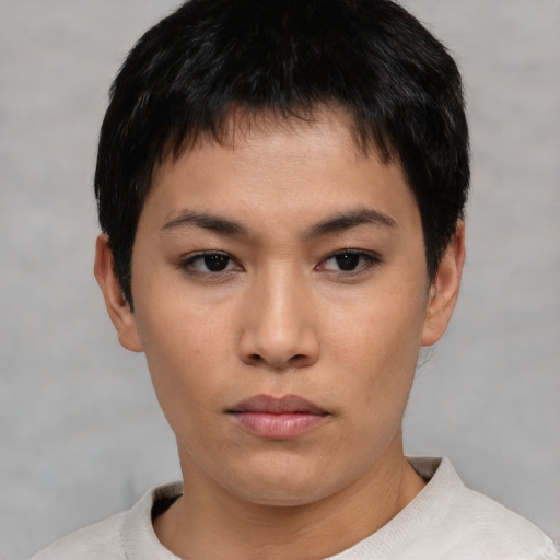 Neutral asian young-adult male with short  black hair and brown eyes