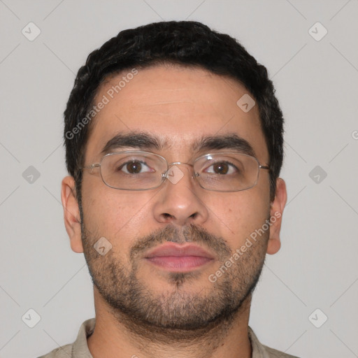 Neutral white young-adult male with short  brown hair and brown eyes